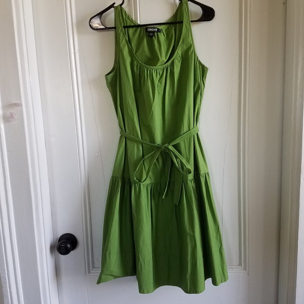 DKNY Gathered Shift Dress/Sundress~Tie Belt~Avocado Green Cotton~6 S-M~RARE